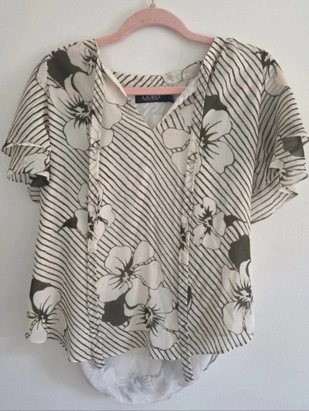 Lauren Ralph Lauren Green Striped Floral Pintuck V-Neck Flutter Sleeve Blouse, L